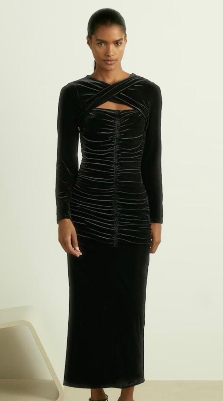REISS Sia Black Velvet Ruched Cutout Midi Dress NWT US 2 UK 6